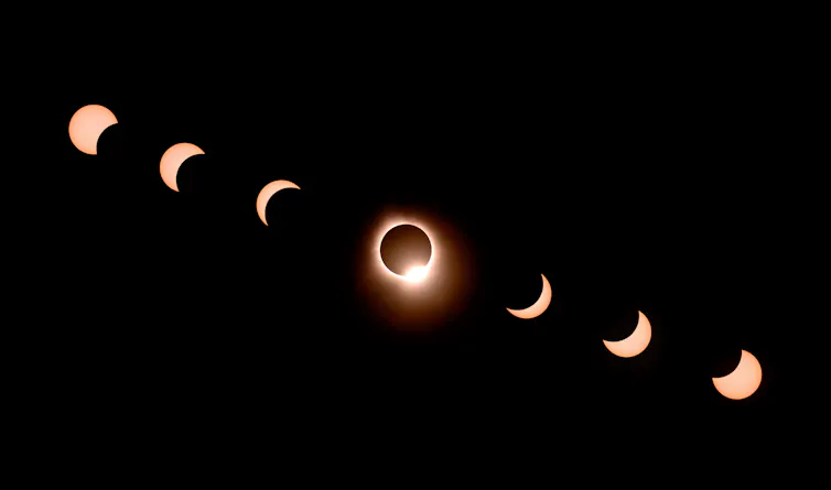Foto composta em timelapse da Lua passando sobre o Sol durante um eclipse