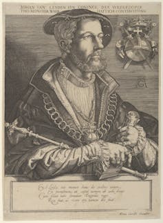 An old drawing on a bearded European man in 17th century clothing holding a staff and a scroll of paper