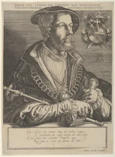 An old drawing on a bearded European man in 17th century clothing holding a staff and a scroll of paper