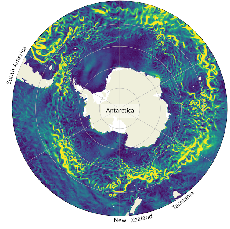 A composite image of the globe from space showing the Antarctic Circumpolar Current in green and yellow around Antarctica.