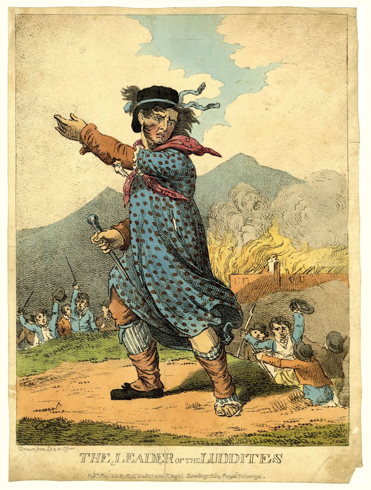 An engraving of a person wearing a black hat and blue polkadot gown, leading a group of people in an armed struggle.