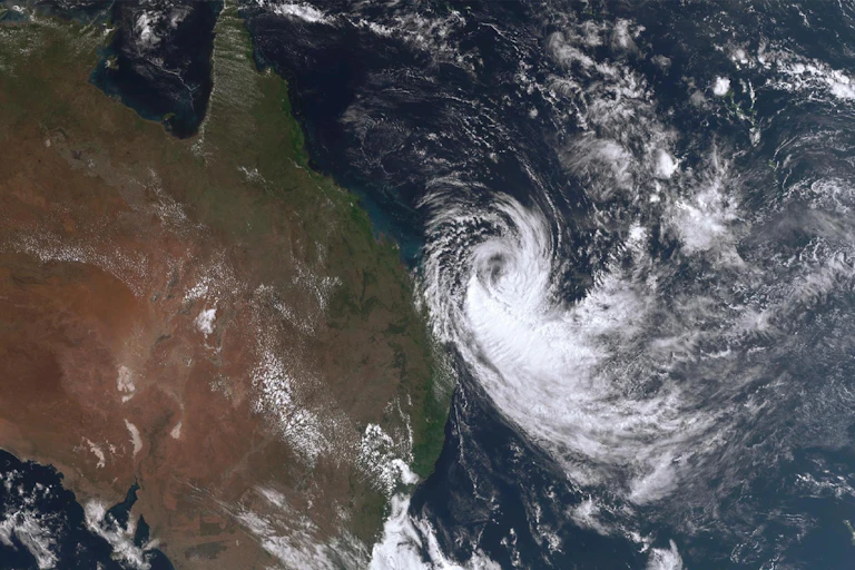 A satelite image shows Tropical Cyclone Alfred approaching the east coast of Australia.