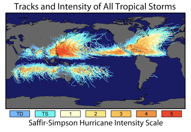 map showing paths of tropical cyclones around world