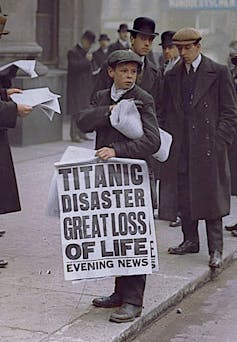 A boy selling newspapers about the Titanic accident