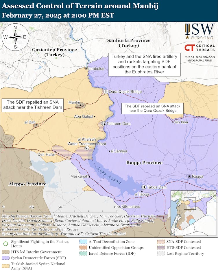 A map showing the control of territory in northern Syria.