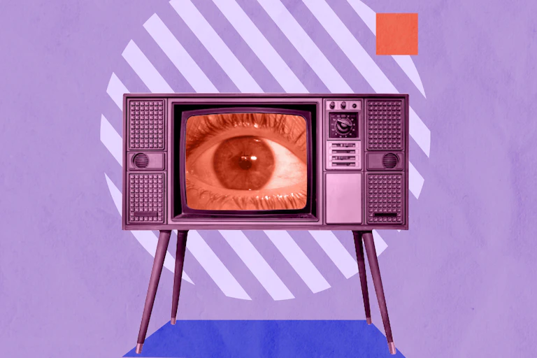 Collage of an eye looking out of a retro TV set