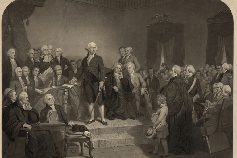 A man in formal 18th-century dress stands in front of a group of similarly dressed people.