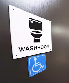 Signage showing a toilet and wheelchair accessibility sign with the word 'washroom.'