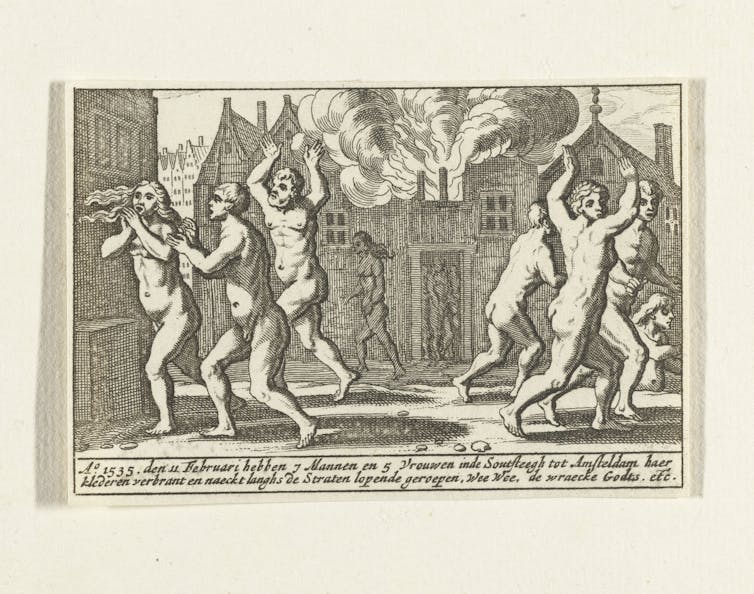 An etching of a group of people running around naked while smoke emerges from a building in the background