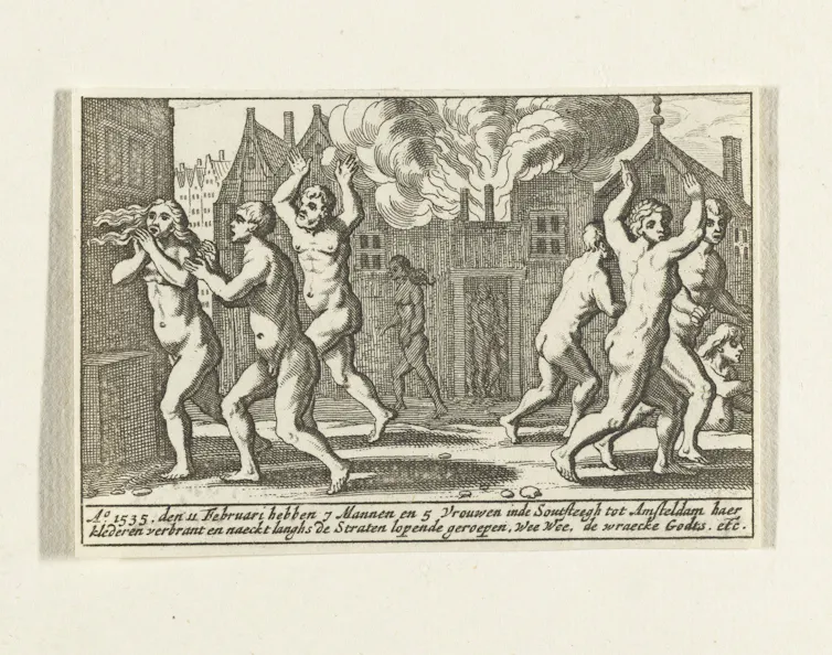 An etching of a group of people running around naked while smoke emerges from a building in the background