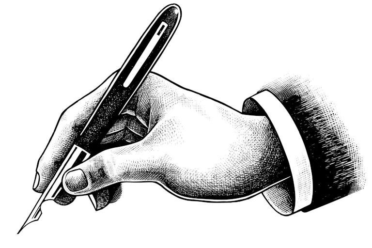 Black and white drawing of a hand holding a pen