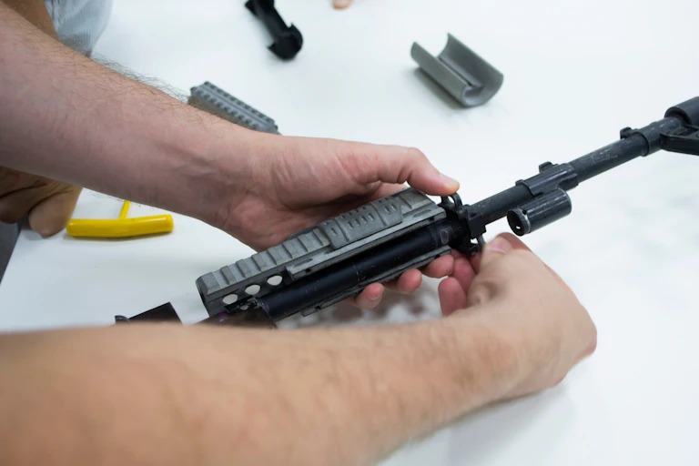 A man assembles a gun made of black plastic