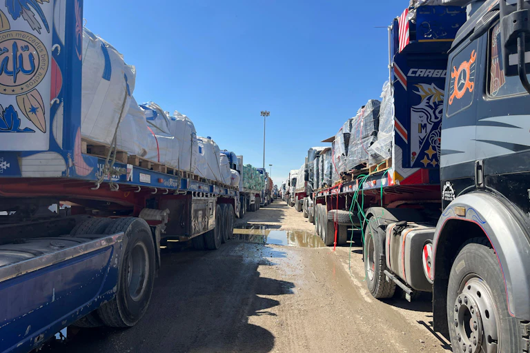 Aid lorries queue at the Rafah crossing into the Gaza Strip, March 2 2025.