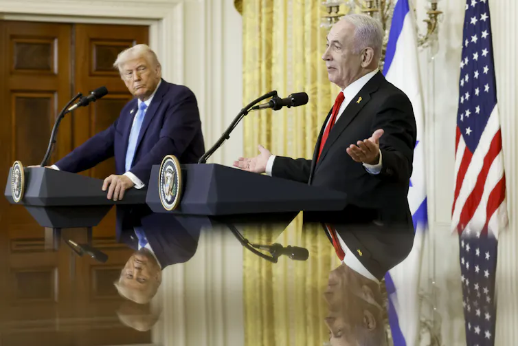 US president, Donald Trump, and Israeli prime minister, Benjamin Netanyahu, speak at a press conference in Washington, February 2025.