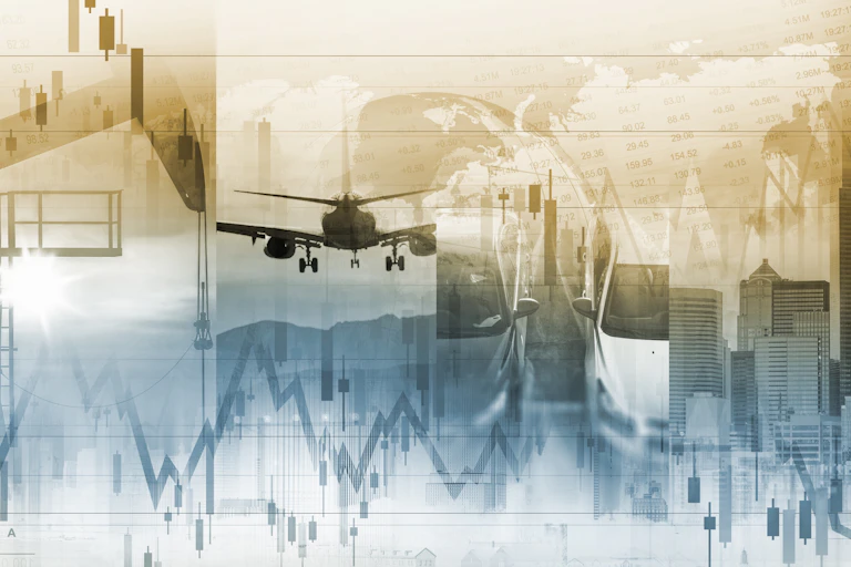 Illustration combining financial charts, aeroplane and cityscape.