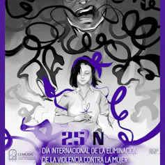 Cartel de la campaña en el que un hombre, situado en el plano superior, habla sobre una mujer sentada debajo de su boca.