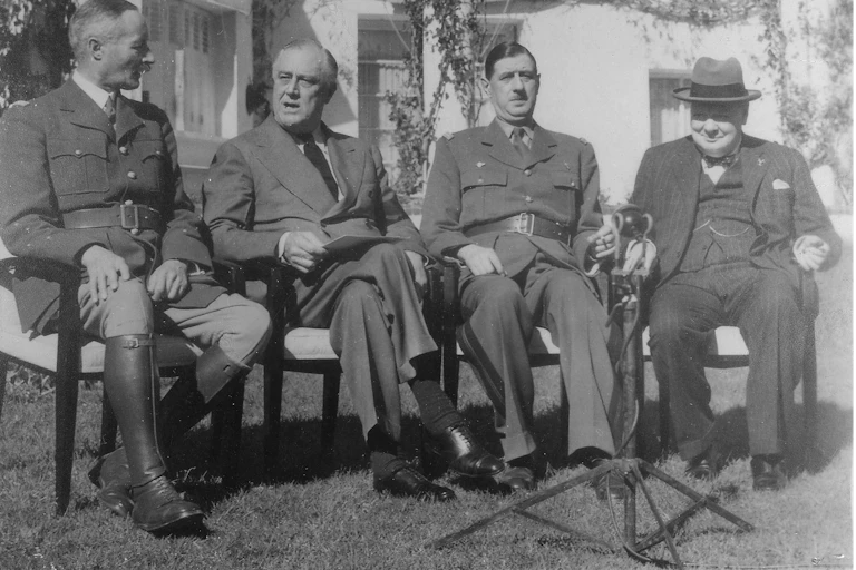 Franklin D. Roosevelt, with Charles de Gaulle, and Winston Churchill sit together at a conference in Casablanca January 1943.