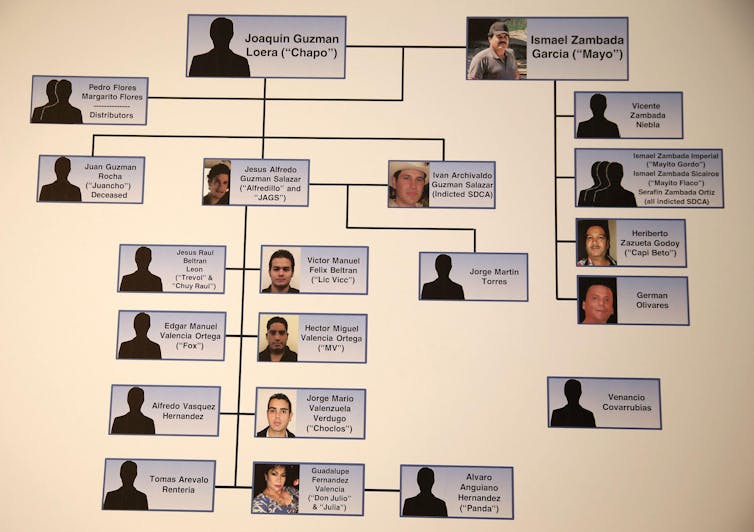 A US law enforcement poster shows a 'family tree' of Sinaloa cartel suspects.