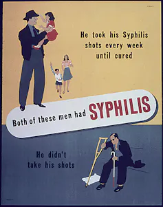 Poster reads 'Both of these men had SYPHILIS' and pictures a healthy one with a family who got his shots, and a man alone with crutch and blindness who didn't
