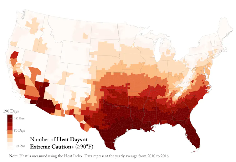U.S. map showing extreme caution level or higher heat days, with the greatest number of total heat days in the South