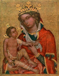 Colorful painting of lavishly dressed young woman holding a child in her arms.