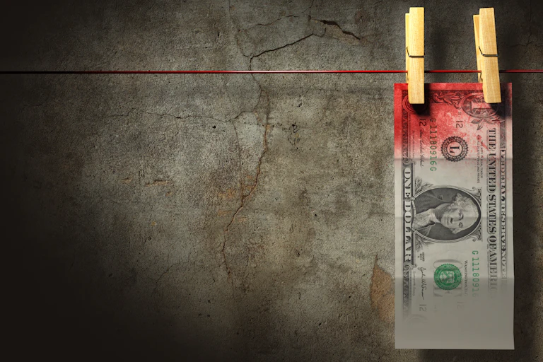 Illustration of a bloody US dollar note being hung on a washing line.