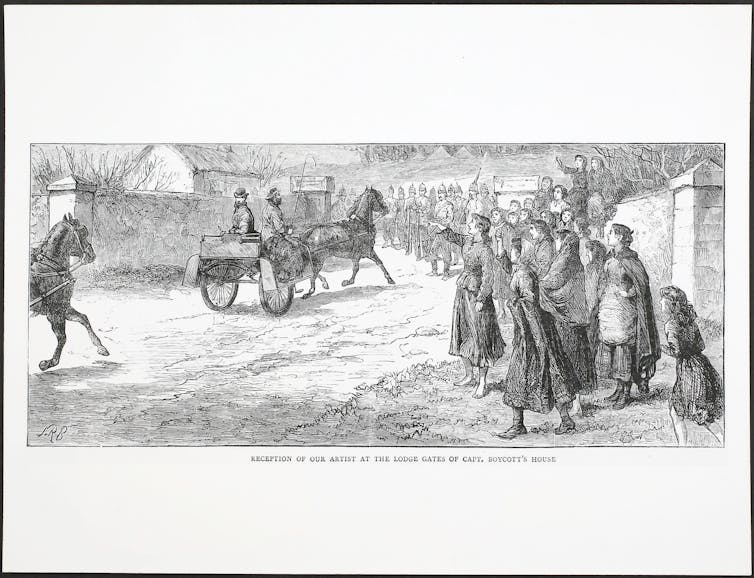 black and white illustration from 1880 boycotts in Ireland.