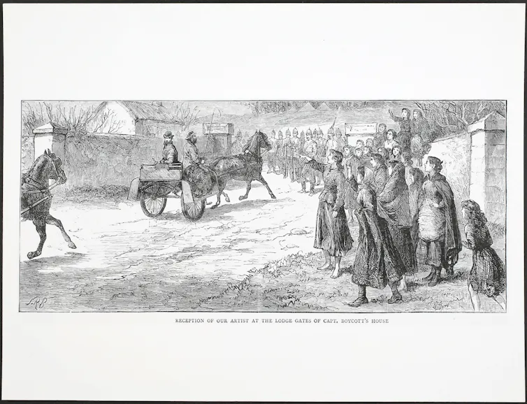 black and white illustration from 1880 boycotts in Ireland.