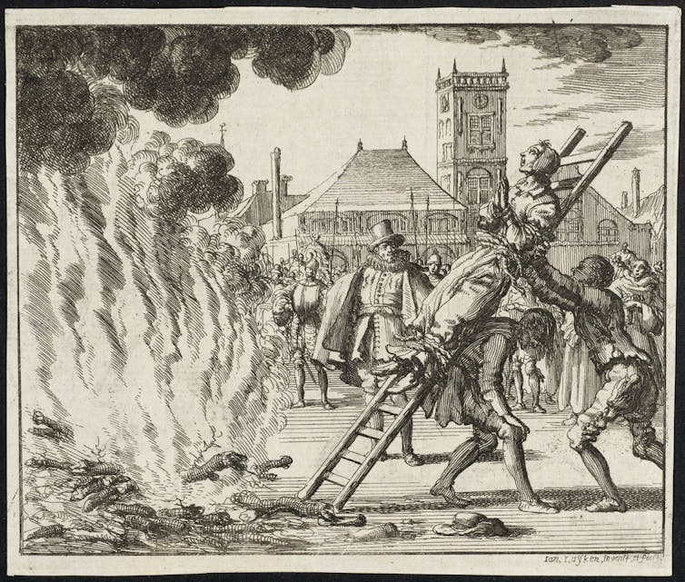 A black and white engraving of a woman tied to a ladder being raised by men toward a fire. She holds her hands together in prayer