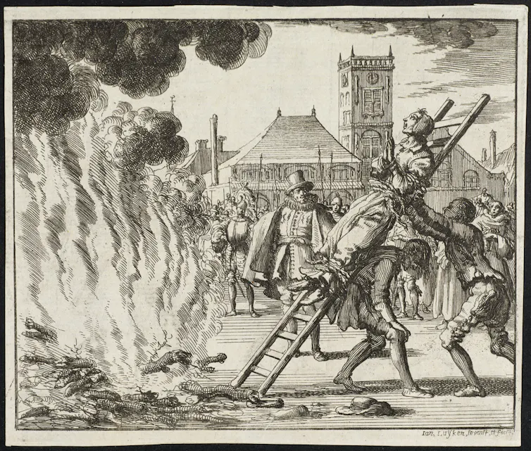 A black and white engraving of a woman tied to a ladder being raised by men toward a fire. She holds her hands together in prayer