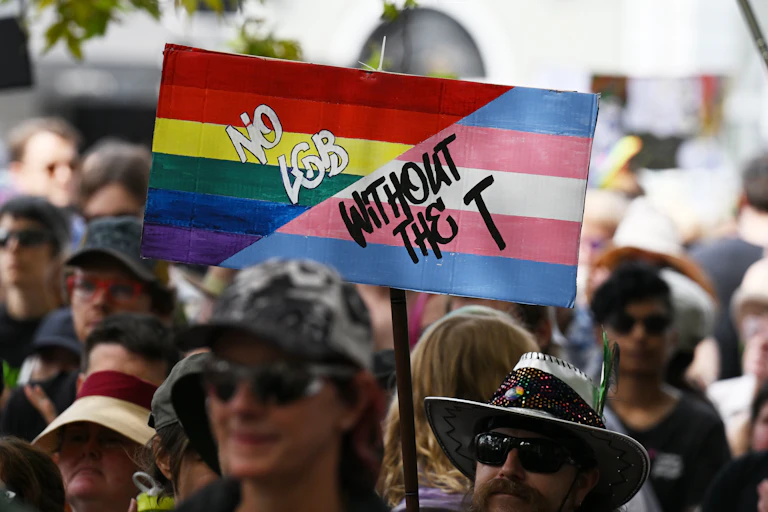 Protesters at rally holding banner 'No LGB Without the T'