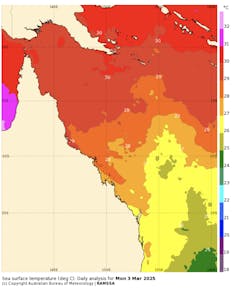coloured sections of ocean off the Australian coast showing sea surface temperatures