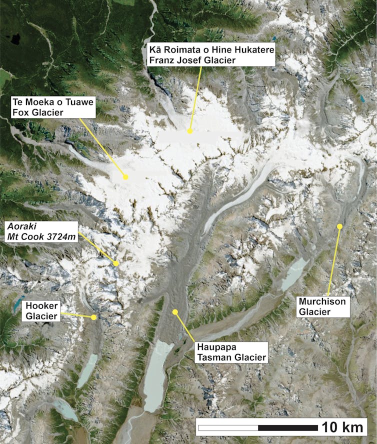 Satellite image of mountains with glaciers in the Southern Alps, with labels showing the main glaciers