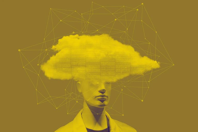 3D render of a person whose head is covered by a cloud and a neural network.