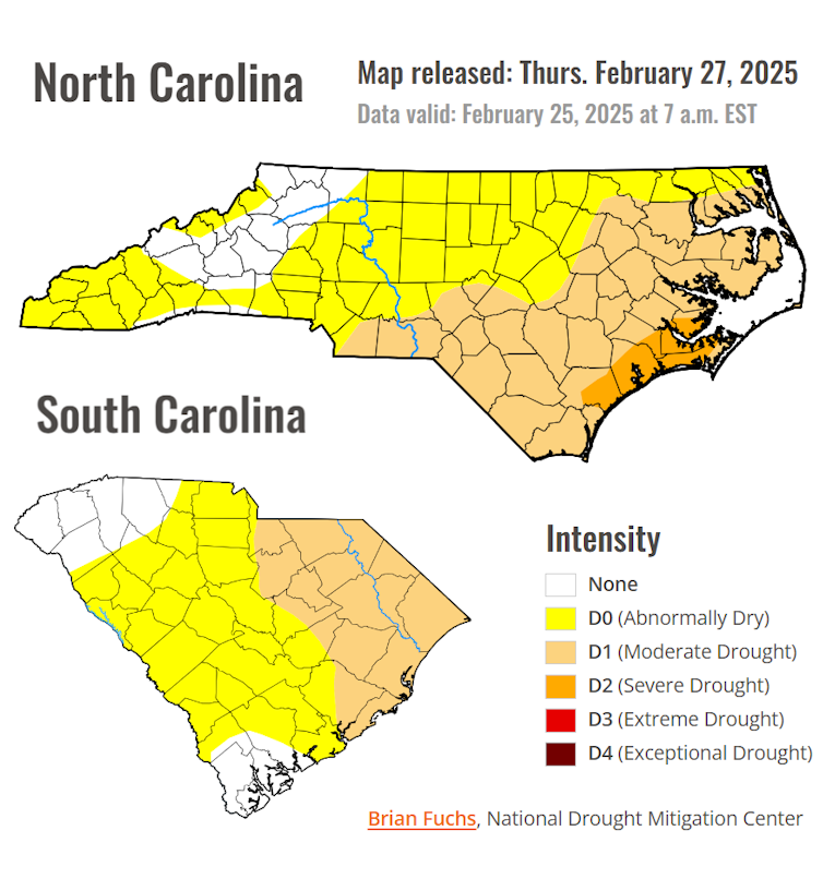 Much of the states are abnormally dry, and much of the eastern sides are in moderate to severe drought.