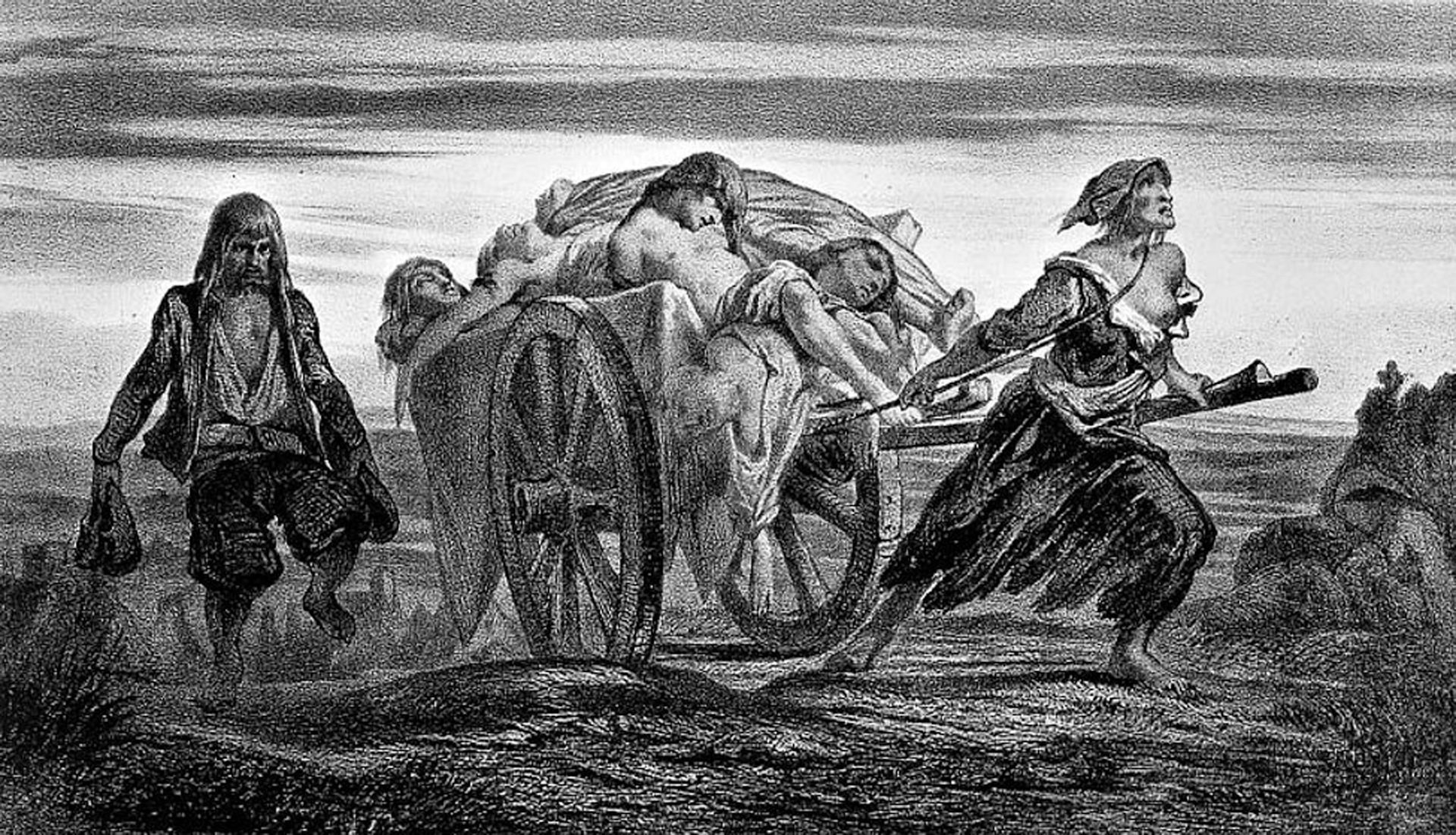 Black and white illustration of plague victims being hauled on a two-wheel hand-drawn cart.