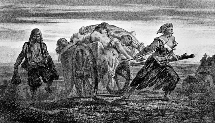 Black and white illustration of plague victims being hauled on a two-wheel hand-drawn cart.