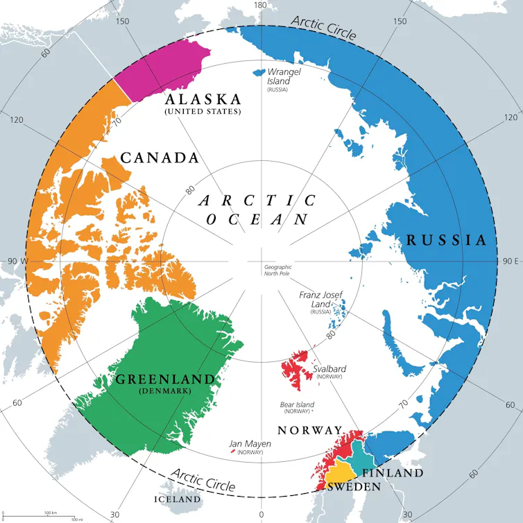 Map of Arctic circle showing interested countries in the region.