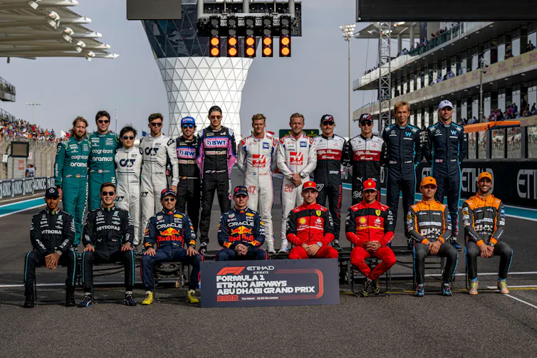 A group of F1 drivers in their gear at the Abu Dhabi circuit in 2022.