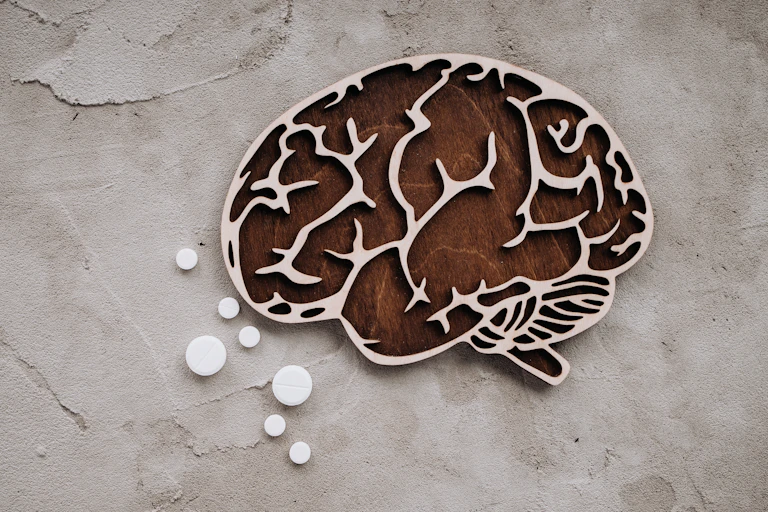 Wooden cutout of a human brain and several white tablets of different sizes