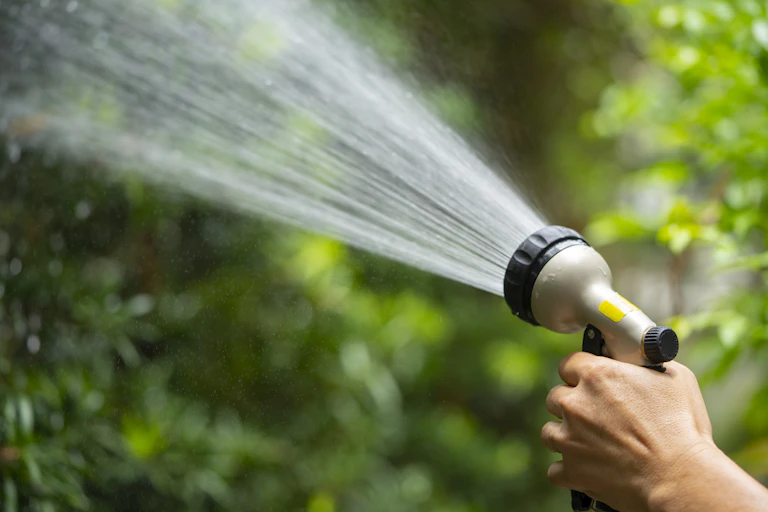 hand holds a hose with a spray nozzle aimed at greenery