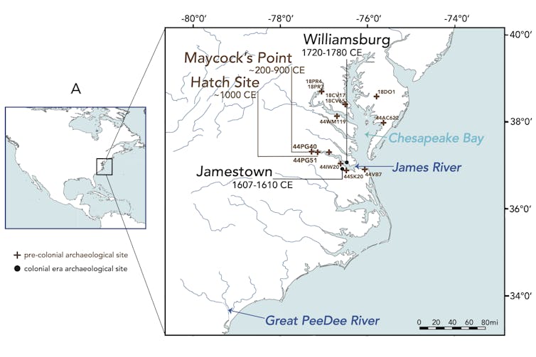 map highlighting Maycock's Point, Hatch Site, Jamestown and Williamsburg on the James River