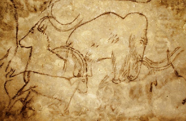 Line drawings of an ibex and a mammoth.