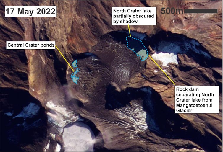 Annotated satellite image of ponds on glacial ice covered in debris.