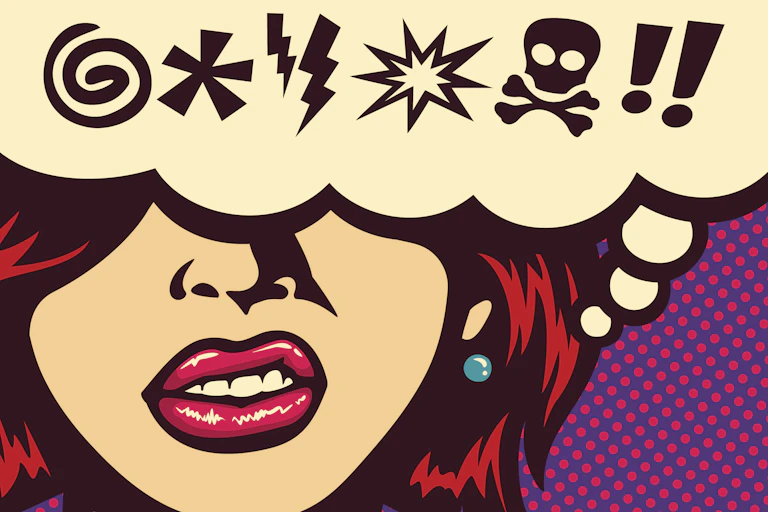Pop-art illustration of woman with swearwords in a speech bubble