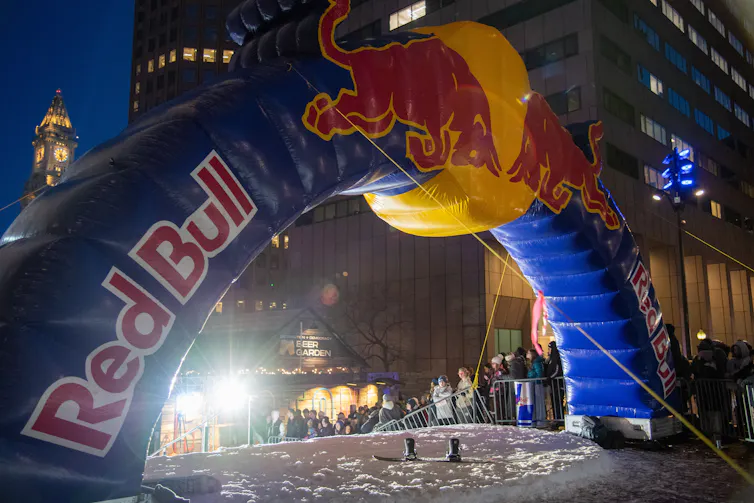 A view of a Red Bull logo during the Red Bull Heavy Metal street snowboarding event