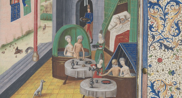 Jusque dans les années 1330, la prostitution était une profession légale en Avignon. Elle avait souvent lieu dans les maisons de bain. <span class="attribution"><a class="source" href="https://portail.biblissima.fr/fr/ark:/43093/