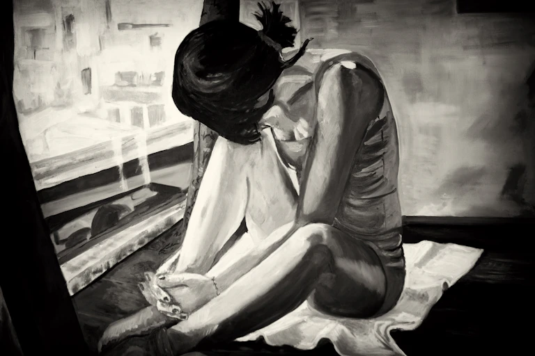 Painting of young woman curled up in her window
