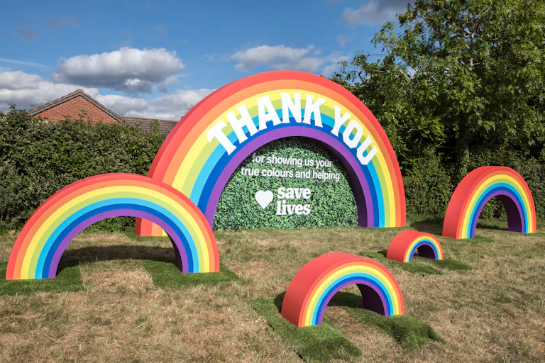 Rainbow sculptures on grass.