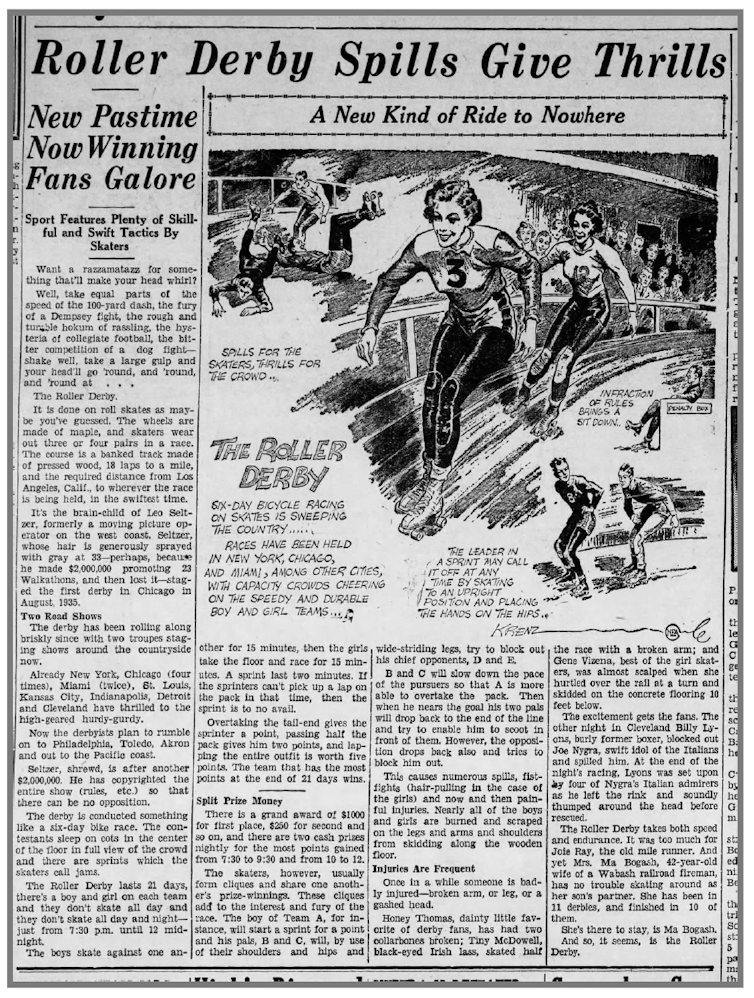 Newspaper article with illustration of women skating around a track